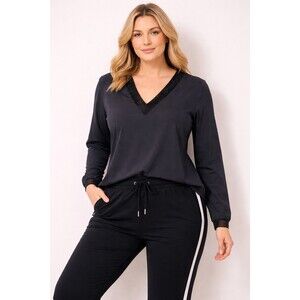 NWT Revolve/Lanston Sport Black Contrast V Neck Long Sleeve Top Athletic